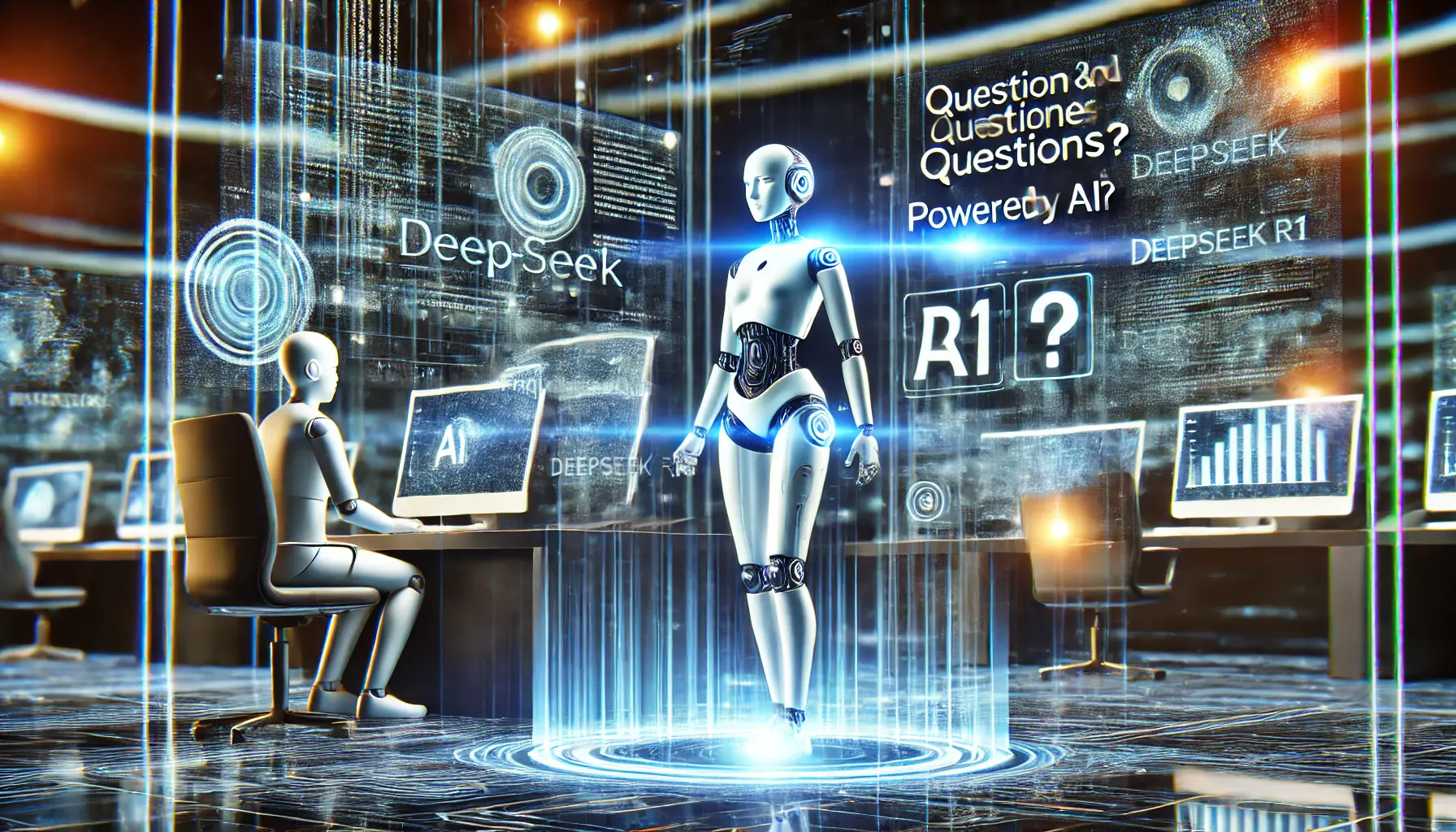 A digital scene showcasing an AI assistant answering questions in real-time, symbolizing DeepSeek R1's capabilities.