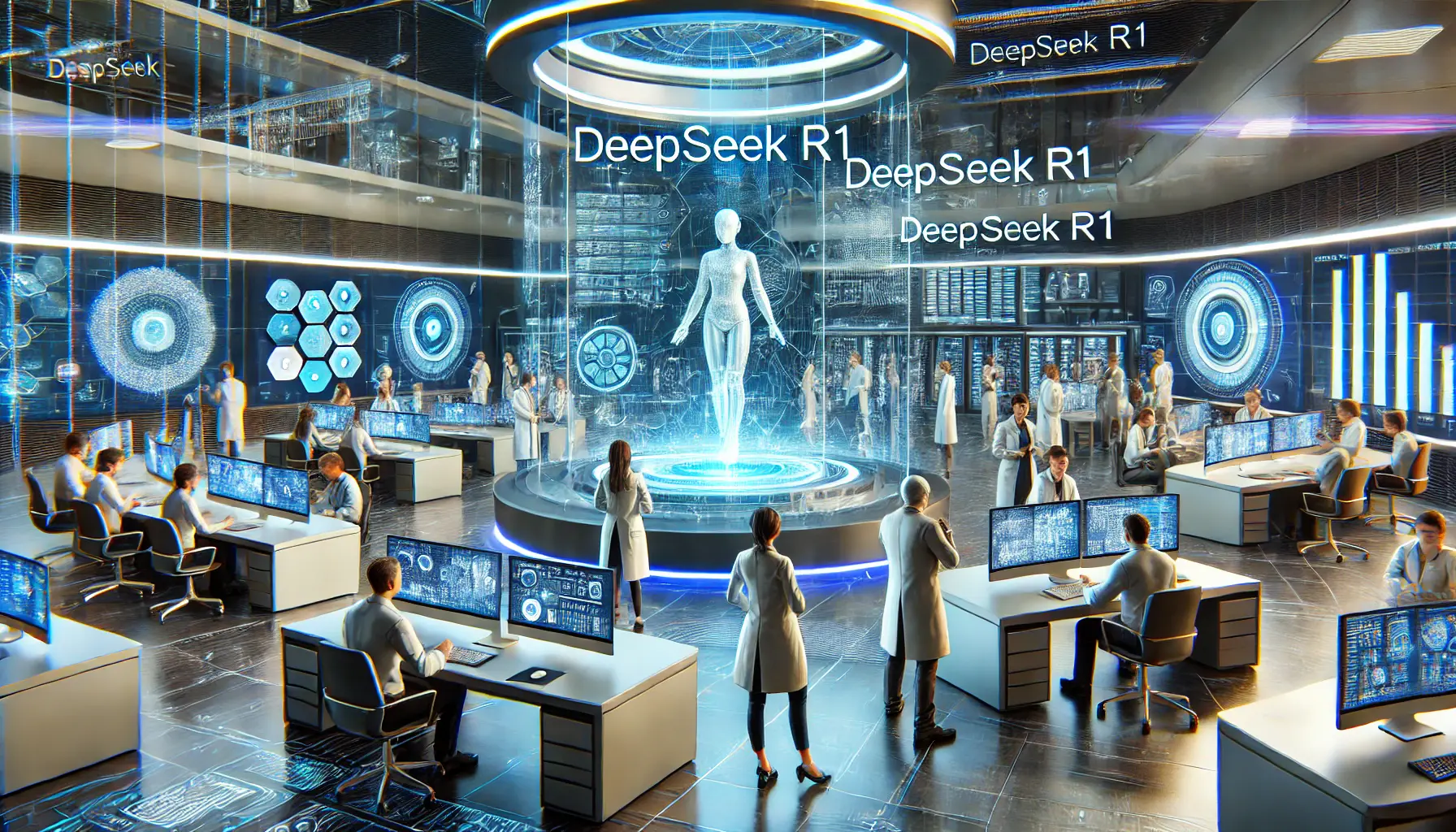 A high-tech AI support center where researchers and AI experts interact with holographic displays to address frequently asked questions about DeepSeek R1.