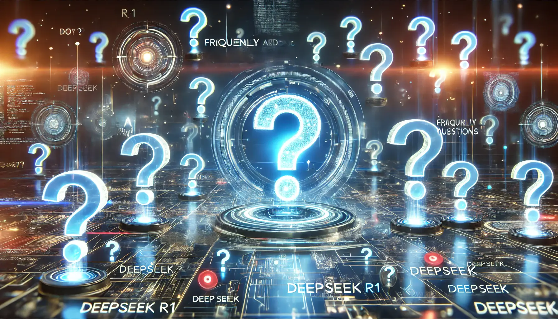 A futuristic AI system surrounded by holographic question marks and glowing data streams, symbolizing inquiry and discovery about DeepSeek R1.