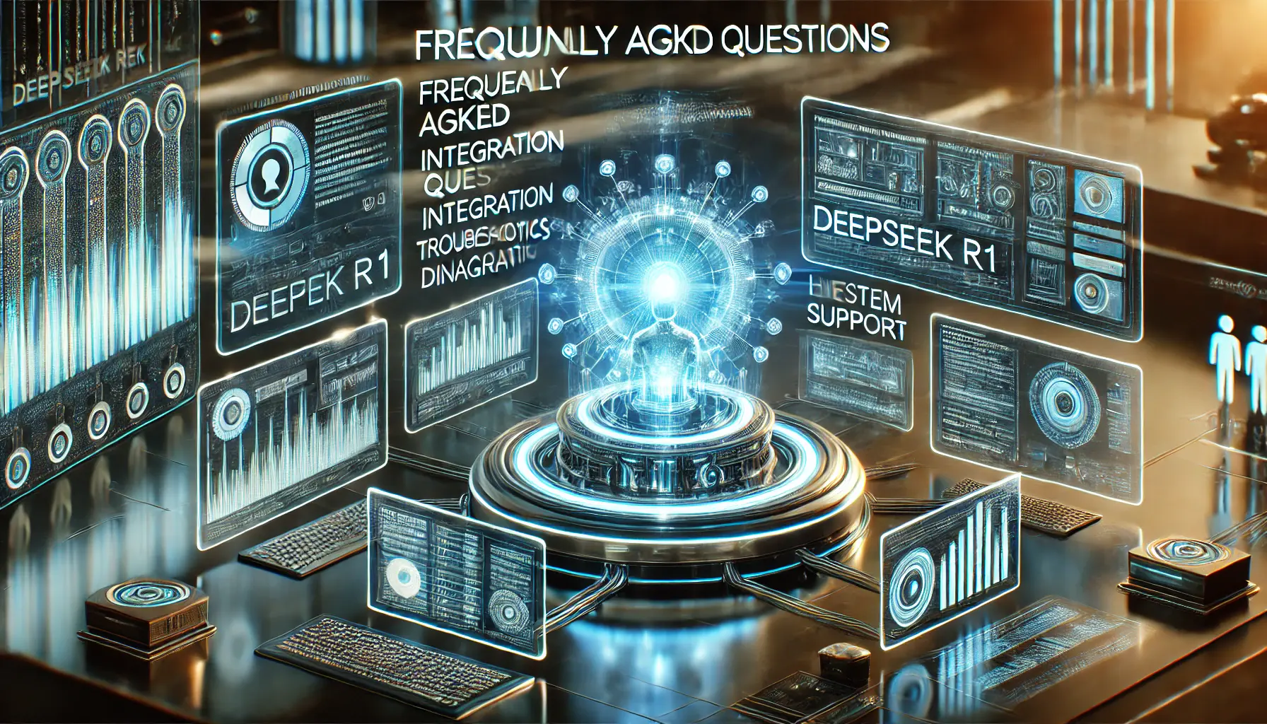 A futuristic AI interface depicting system queries, integration troubleshooting, and user support diagnostics. A glowing AI core represents DeepSeek R1, surrounded by interactive data streams addressing integration challenges.