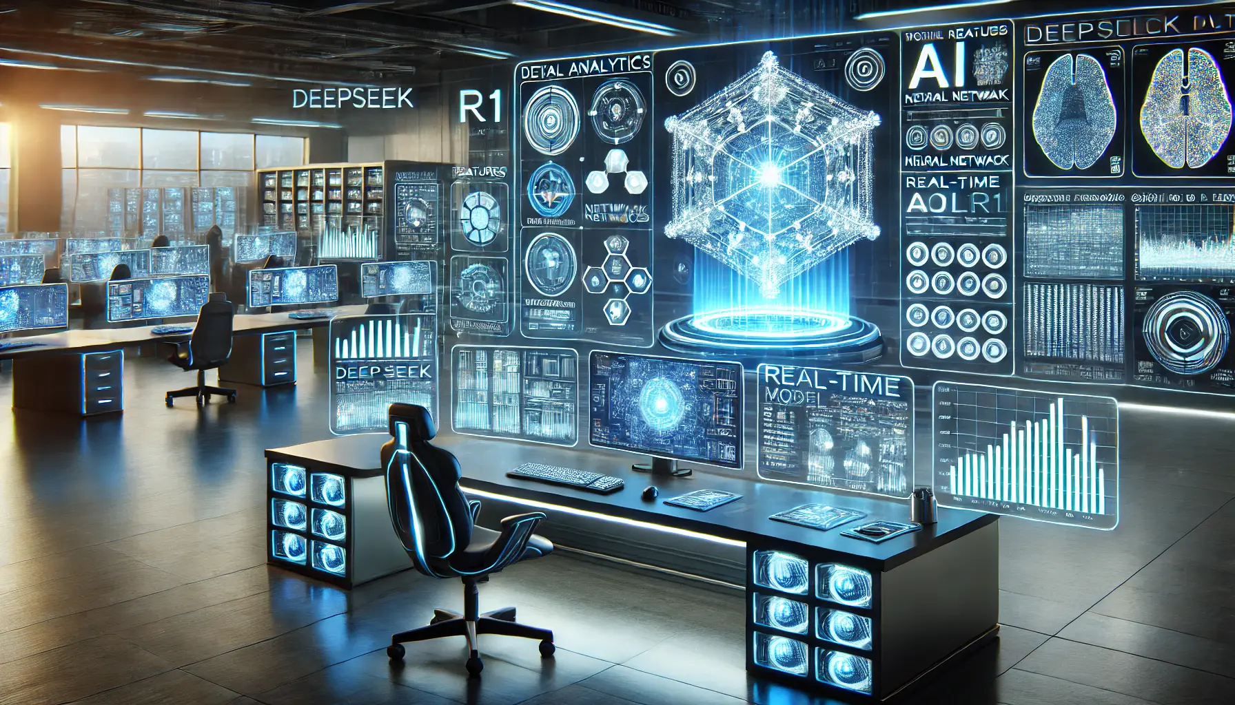 A futuristic AI control center with holographic displays showcasing data analytics, neural networks, and AI-driven automation.