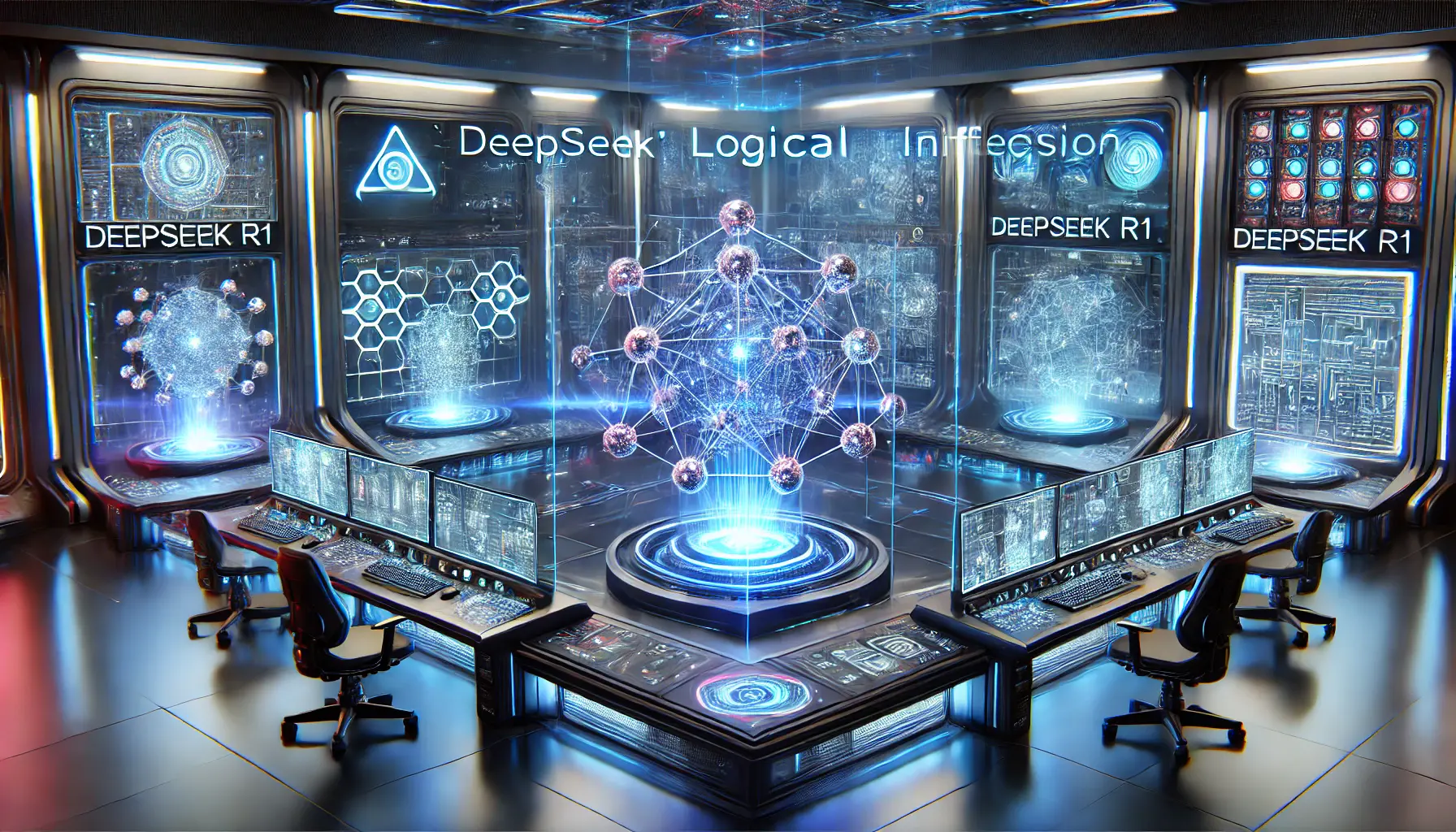 A futuristic AI control center with glowing AI cores, neural networks, and expert nodes, showcasing DeepSeek R1's logical inference capabilities.