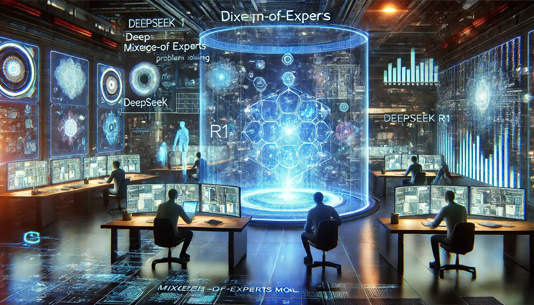 A futuristic AI workspace where engineers use DeepSeek R1's Mixture-of-Experts model to solve complex tasks, with holographic screens displaying real-time problem-solving processes.