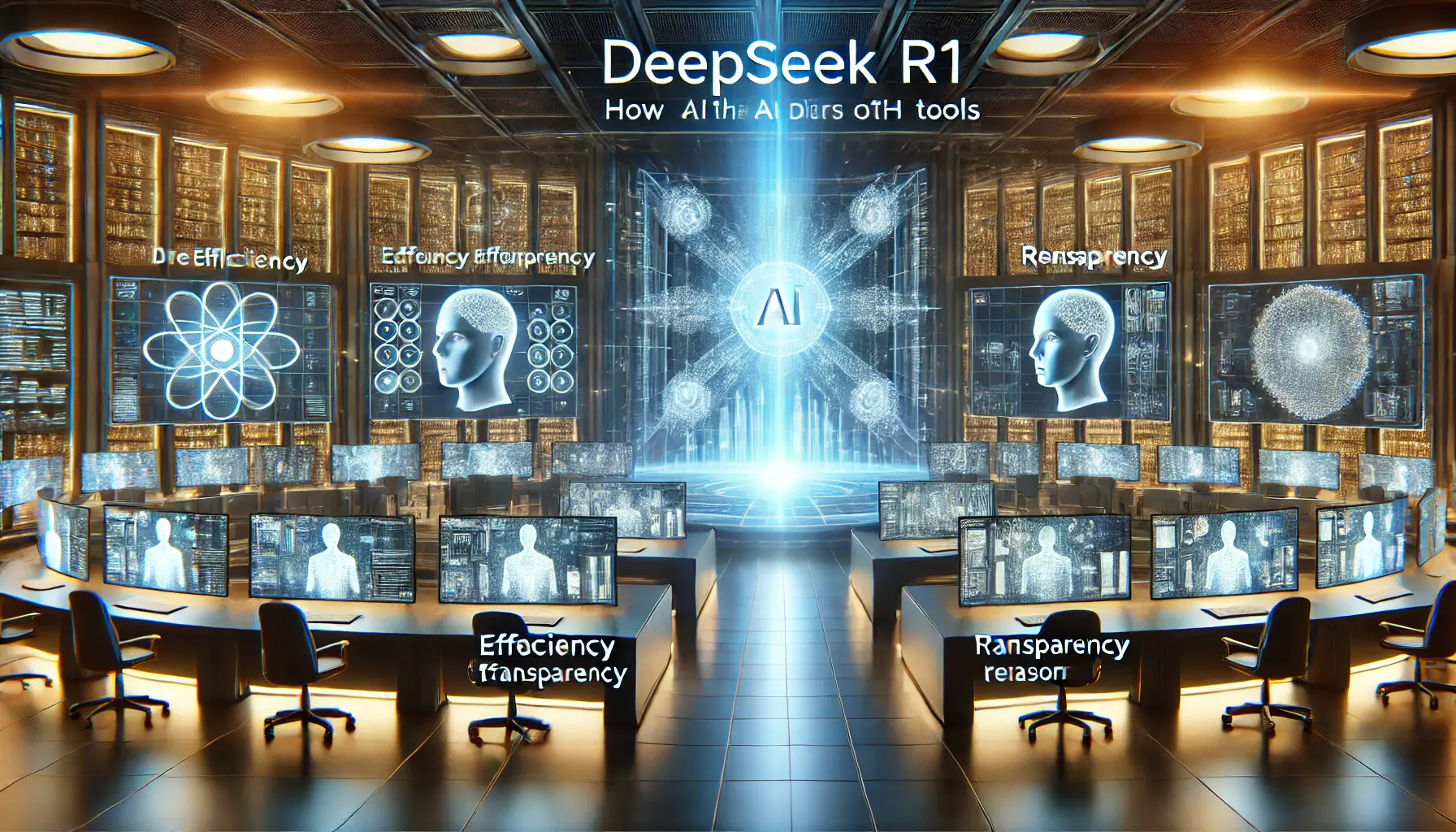 A futuristic AI research lab with holographic screens comparing DeepSeek R1 to other AI models, highlighting efficiency and transparency.