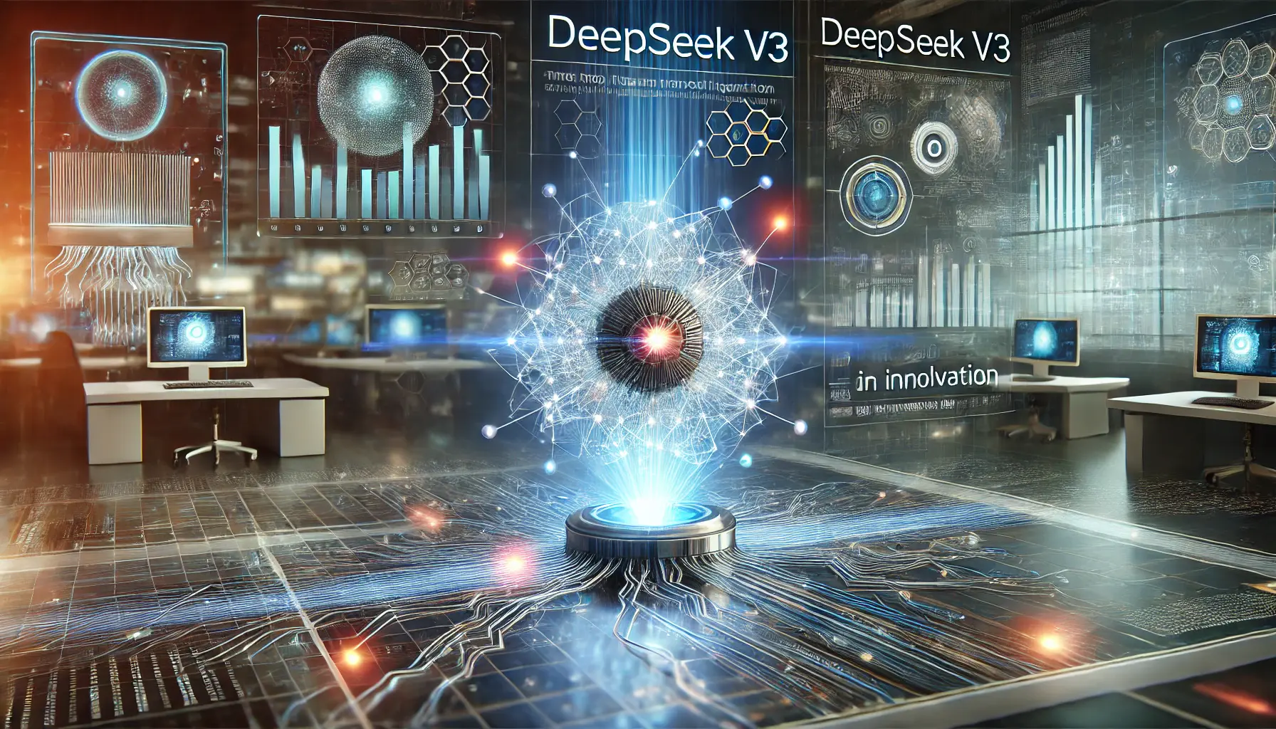 A futuristic AI core with glowing digital circuits and neural connections, symbolizing DeepSeek v3's impact on artificial intelligence in a high-tech research facility.