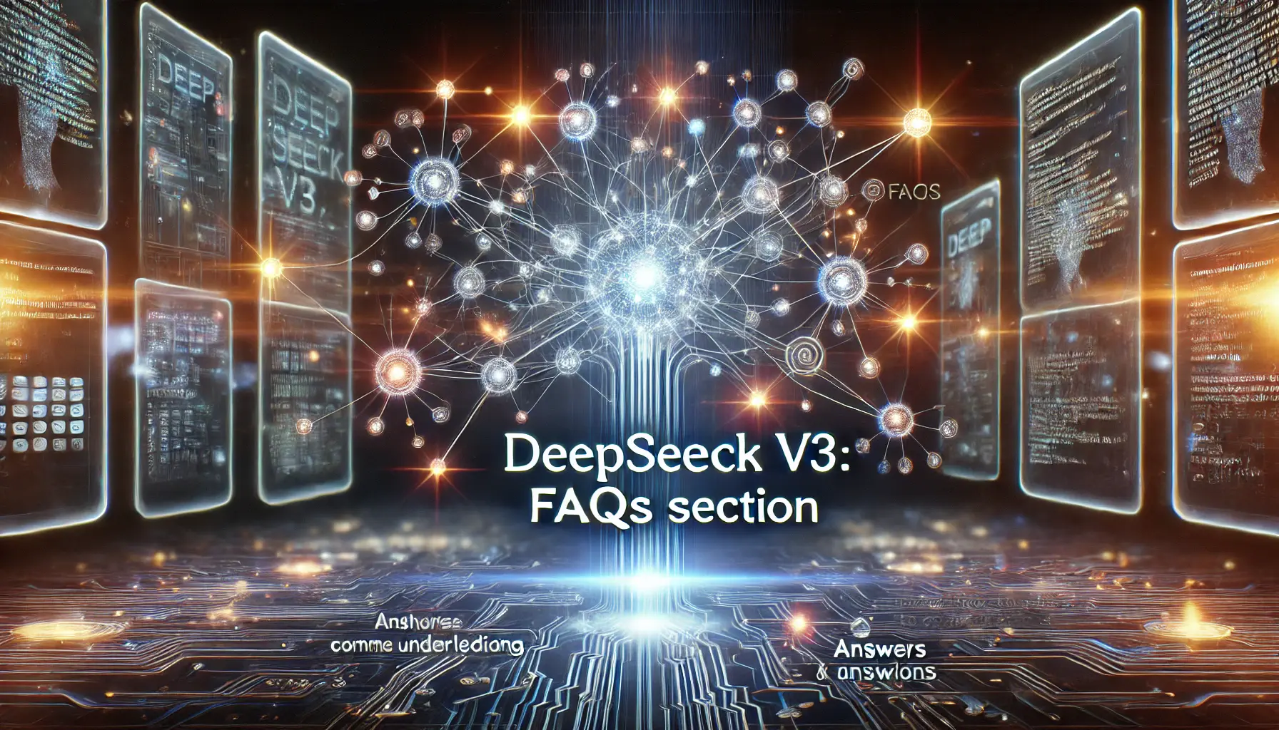 A futuristic neural network with interconnected glowing nodes, symbolizing the flow of information and knowledge exchange in the DeepSeek v3 FAQ section.