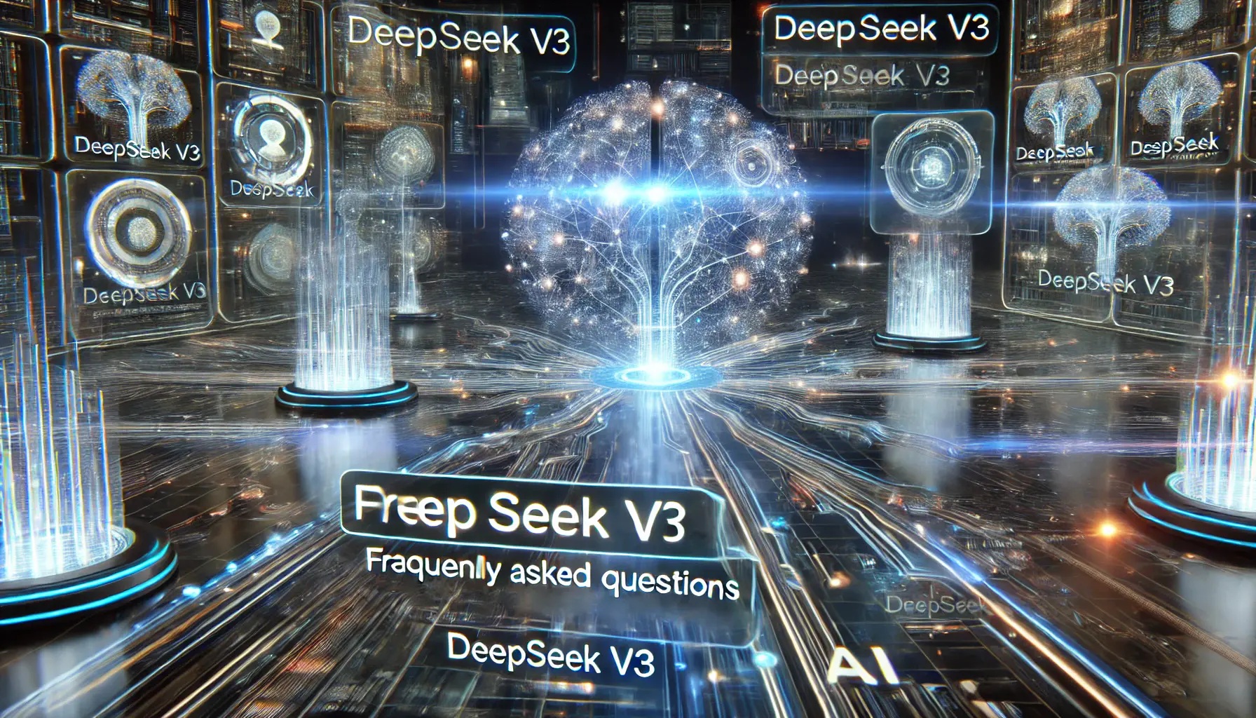 A futuristic depiction of DeepSeek v3’s frequently asked questions, featuring glowing neural networks and holographic data displays in a high-tech environment.