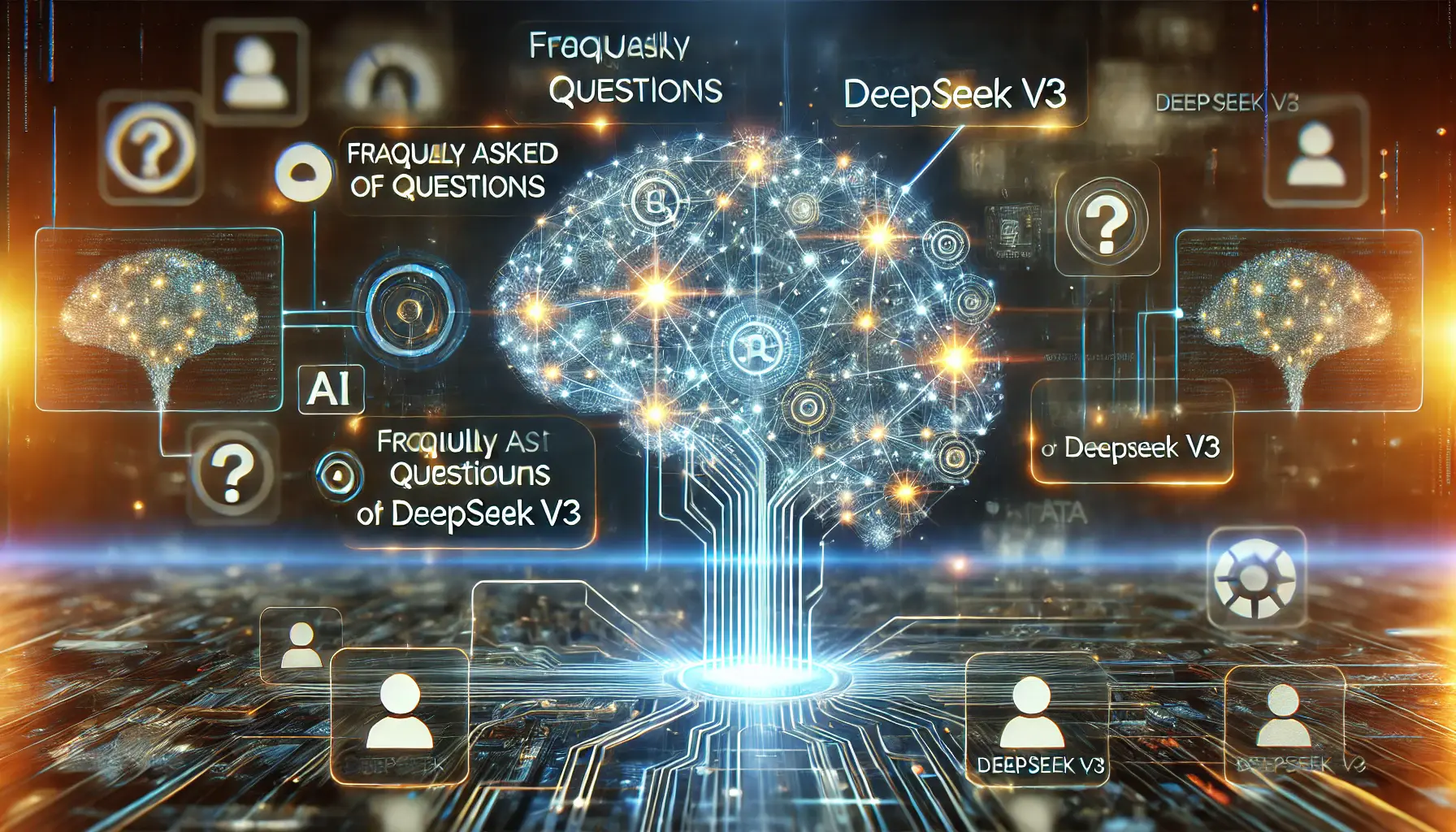 A futuristic AI system represented by a glowing neural network, analyzing multiple streams of questions and answers, with data flowing through various channels in the background.