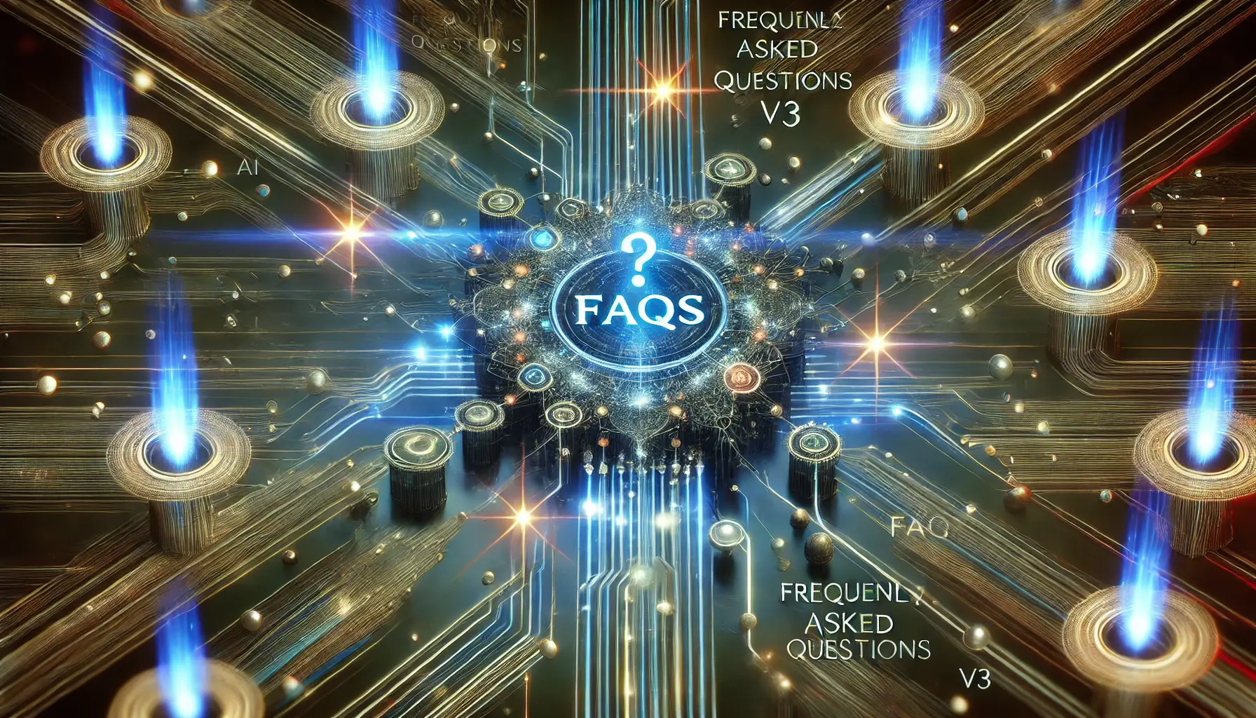 A high-tech visualization symbolizing the process of answering frequently asked questions in DeepSeek v3, showing a neural network with interconnected nodes and energy flows.