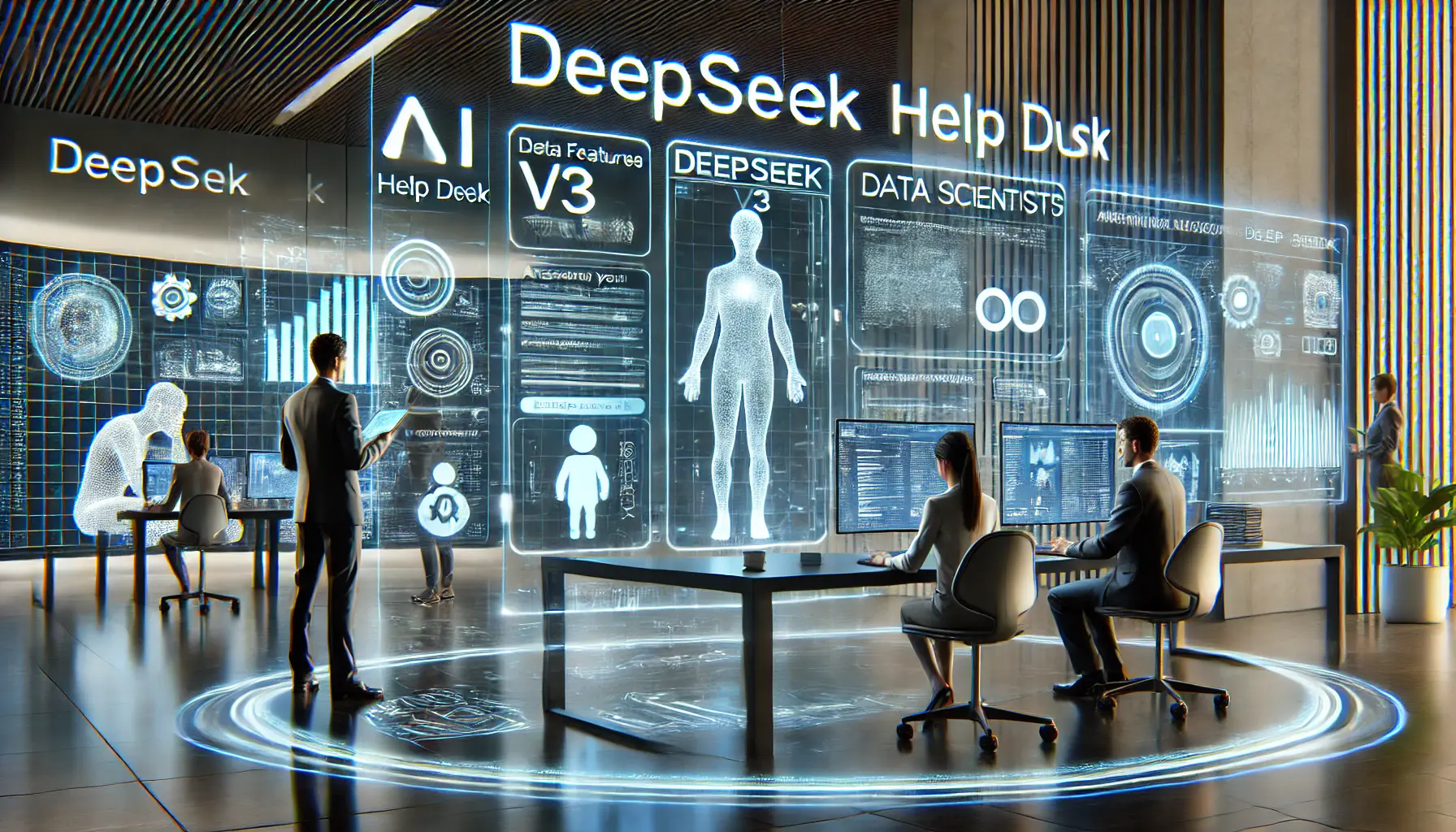 A futuristic AI-powered help desk where engineers and data scientists are answering questions about DeepSeek v3's capabilities and applications.