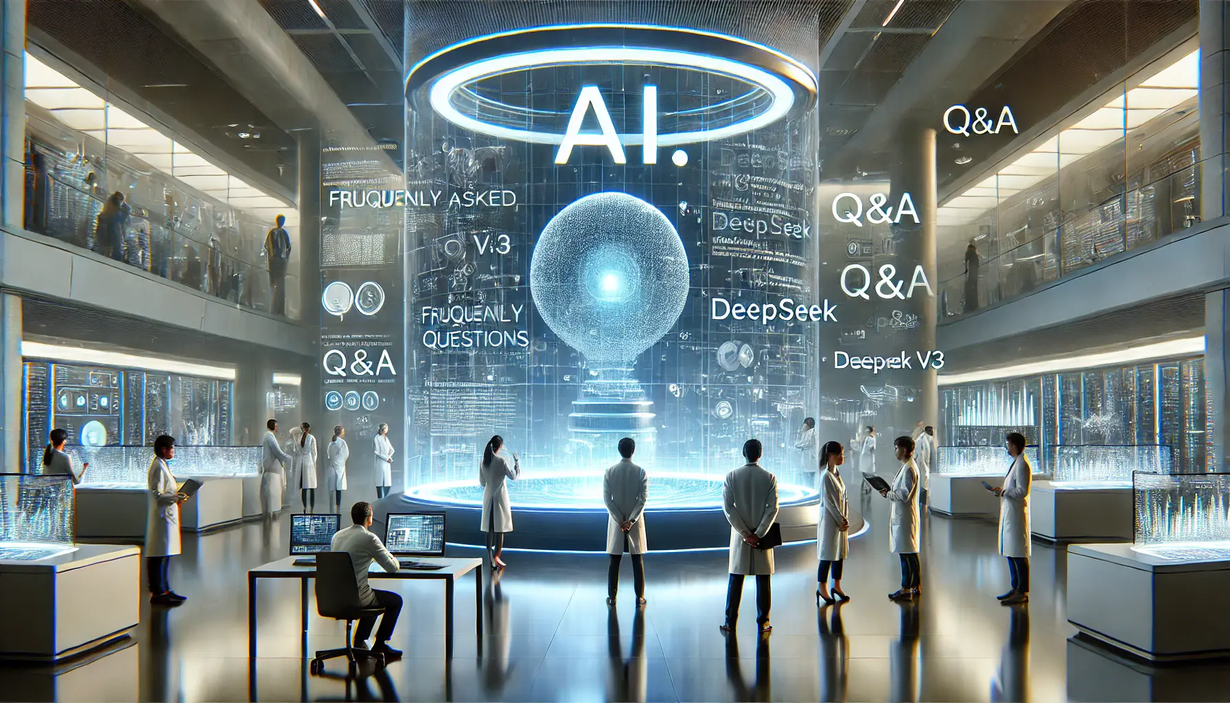 A futuristic AI research facility where scientists interact with a large AI model processing various tasks and queries.