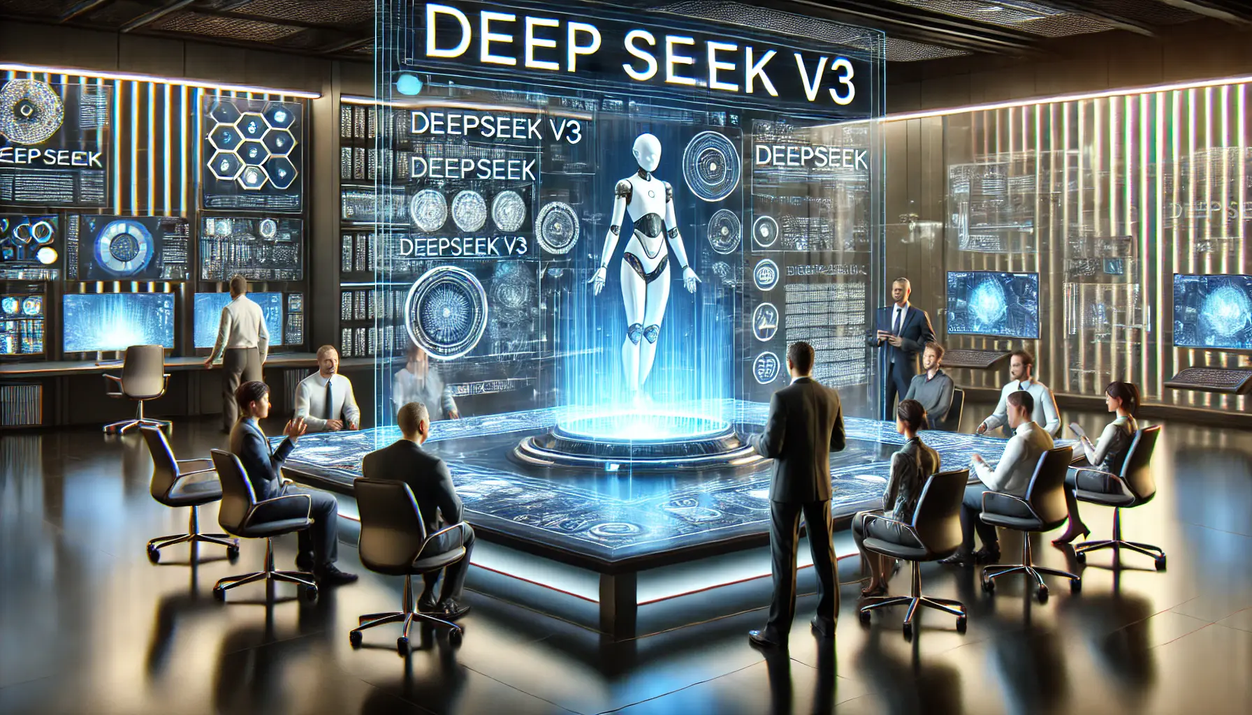 A futuristic office where professionals are discussing and answering questions about DeepSeek v3's capabilities.