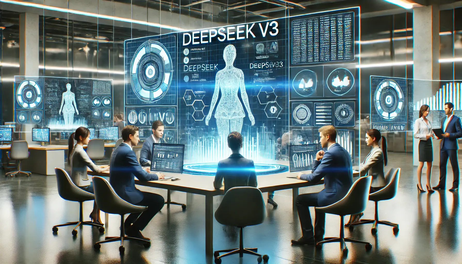 A modern AI support center where experts are answering questions related to DeepSeek v3, with holographic displays and technical discussions.