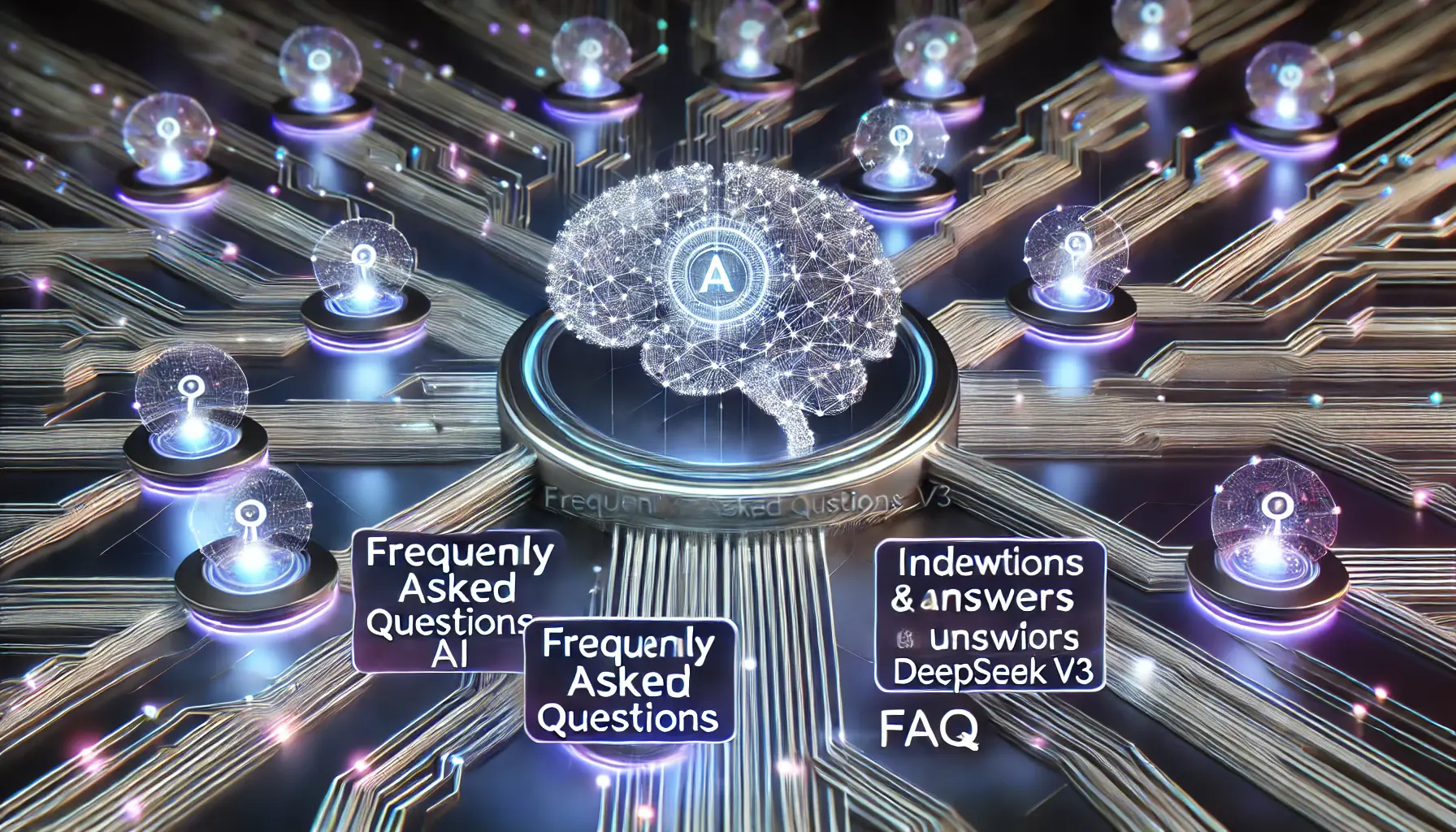 A futuristic digital environment symbolizing the space dedicated to frequently asked questions about DeepSeek v3, with glowing neural network pathways representing inquiries and answers.