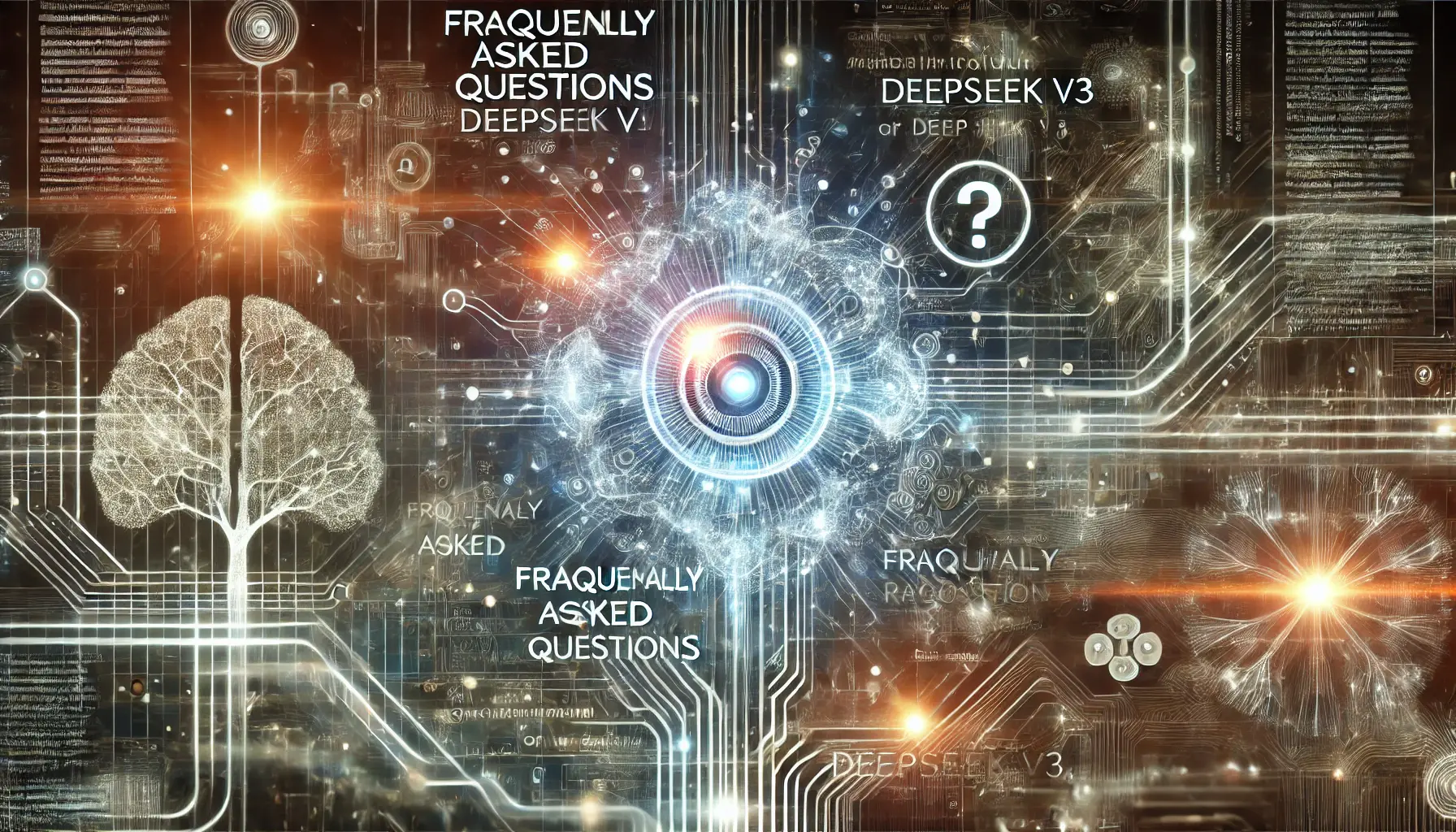 A futuristic visualization of frequently asked questions about DeepSeek v3, with a glowing AI core surrounded by interconnected neural networks and dynamic data streams.