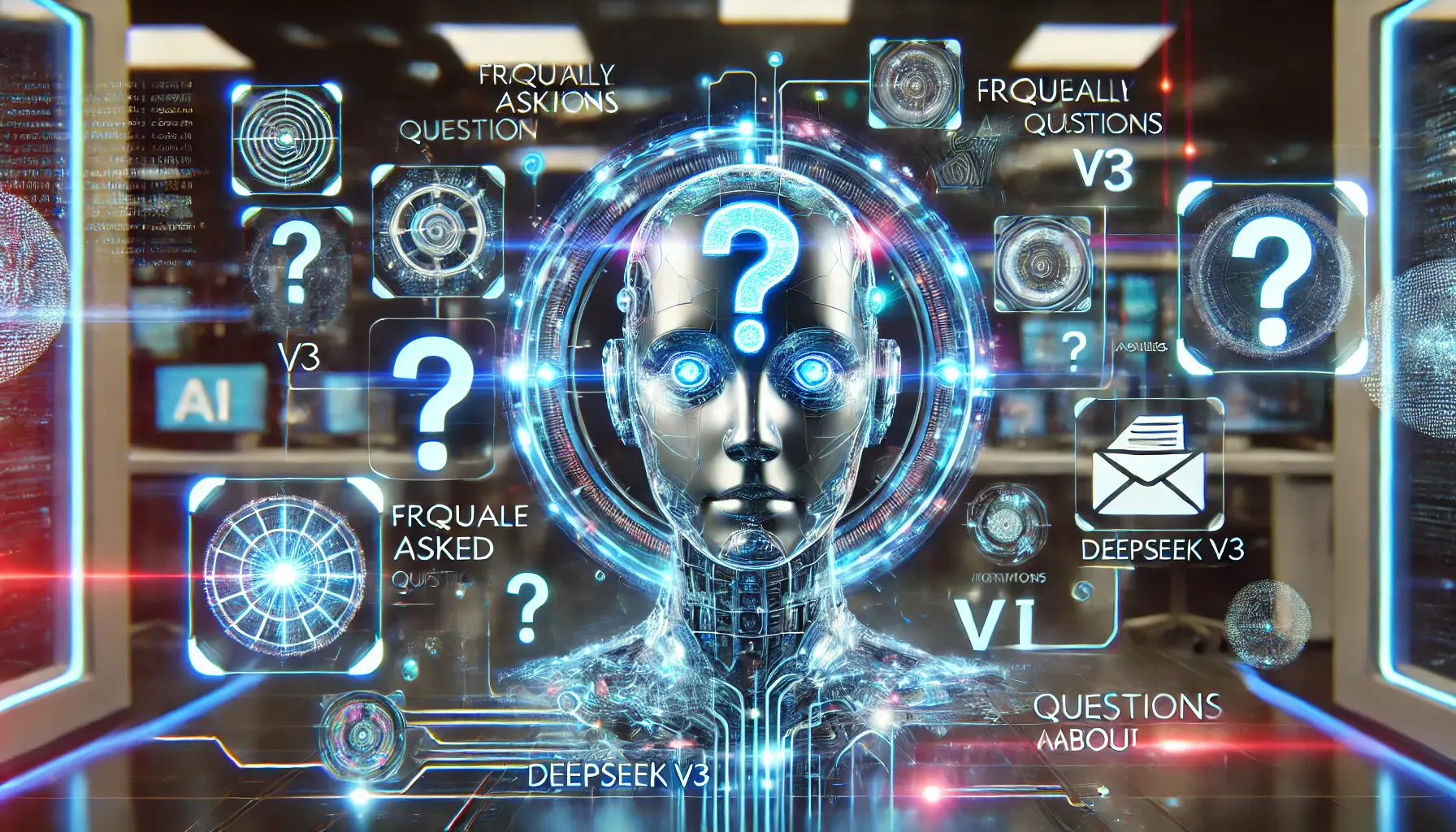 A futuristic visualization symbolizing the concept of frequently asked questions related to DeepSeek V3, featuring an AI model surrounded by holographic question marks and data streams.