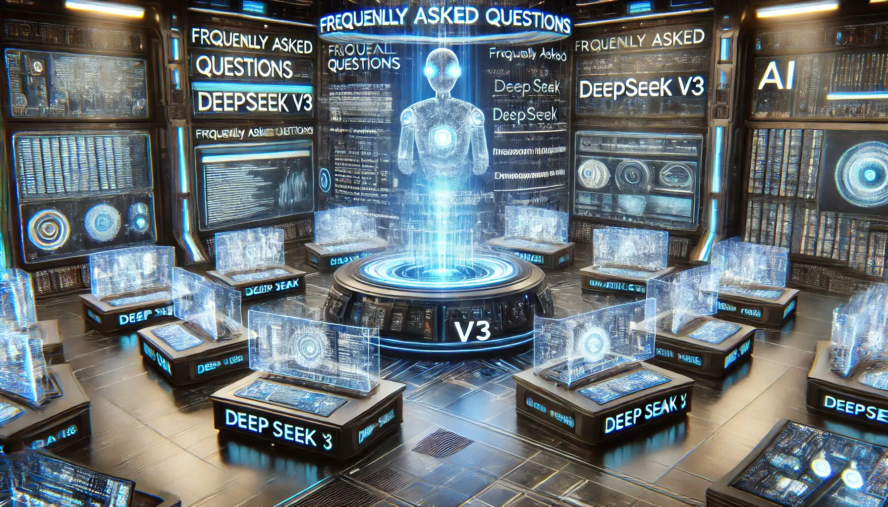 Futuristic AI control room with holographic screens displaying AI-related questions and answers.