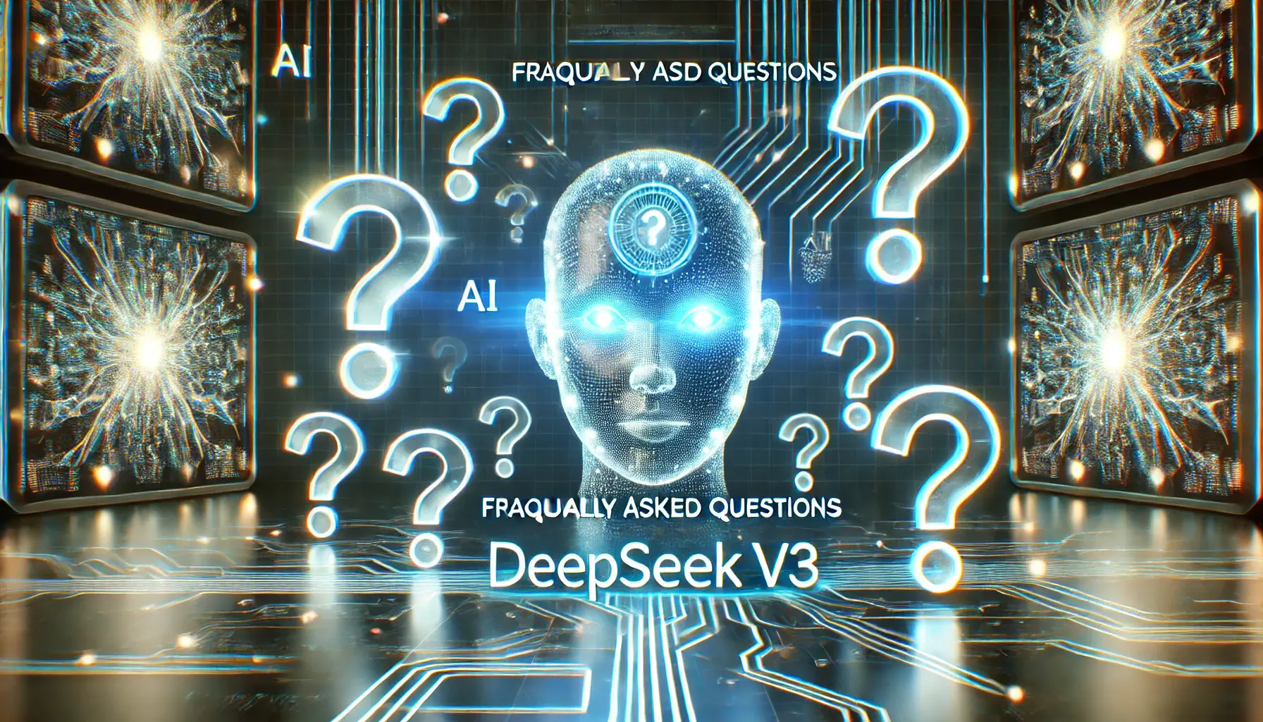 A futuristic AI interface surrounded by holographic question marks and data streams, symbolizing the frequently asked questions about DeepSeek v3.