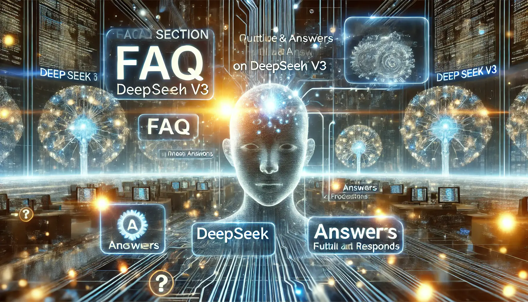 A digital representation of a FAQ section, showing AI processing multiple questions and answers through neural networks.