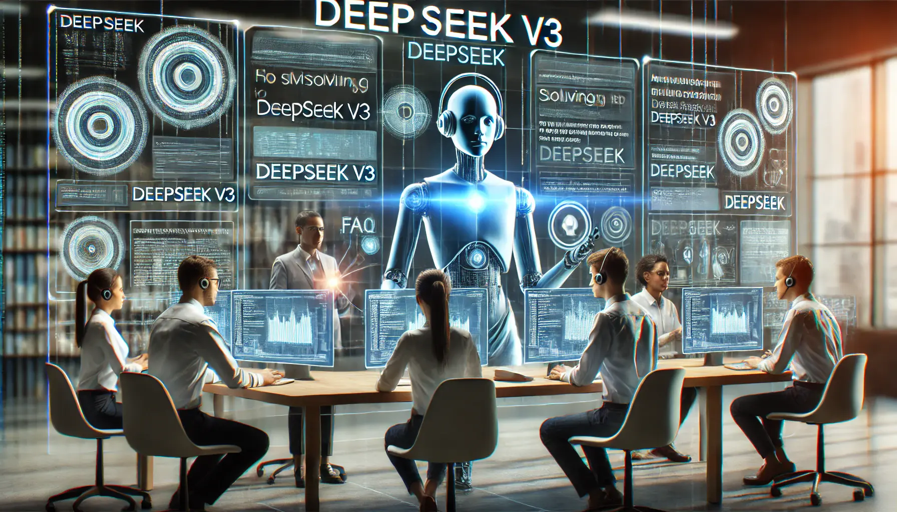 A modern customer service environment powered by DeepSeek v3, showcasing professionals engaging with AI in a question-answering setup.