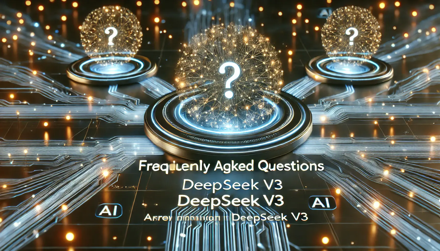 A futuristic AI-powered environment symbolizing the concept of frequently asked questions with interconnected data points and neural networks.