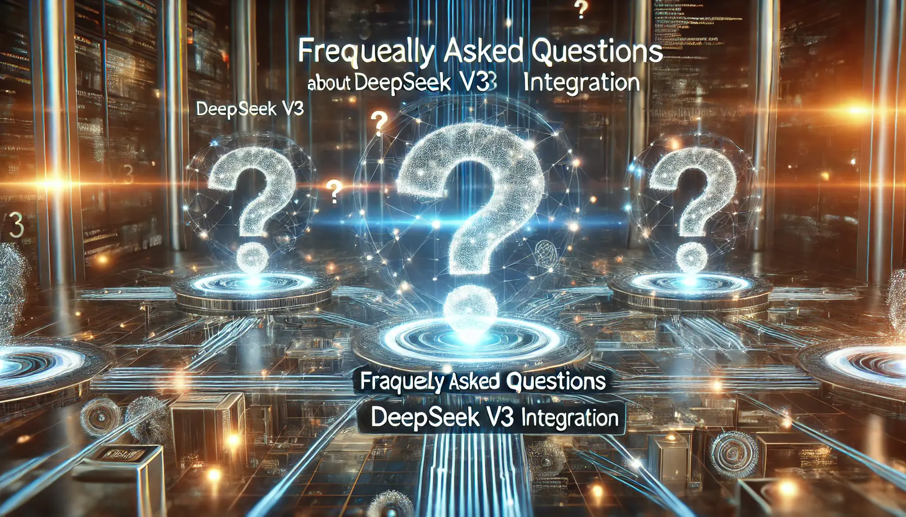 A futuristic digital environment with holographic question marks and AI systems at the center, symbolizing frequently asked questions about DeepSeek v3 integration.