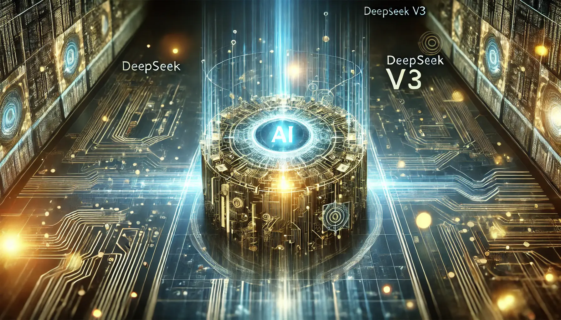 A high-tech visualization of DeepSeek v3's AI architecture with glowing circuits and neural connections.