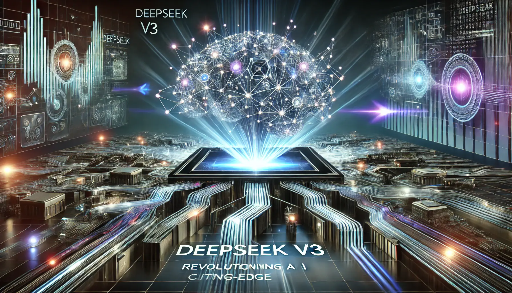 A high-tech visualization of DeepSeek v3, symbolizing its revolutionary AI innovations with glowing neural pathways and interconnected nodes, representing advanced data processing.