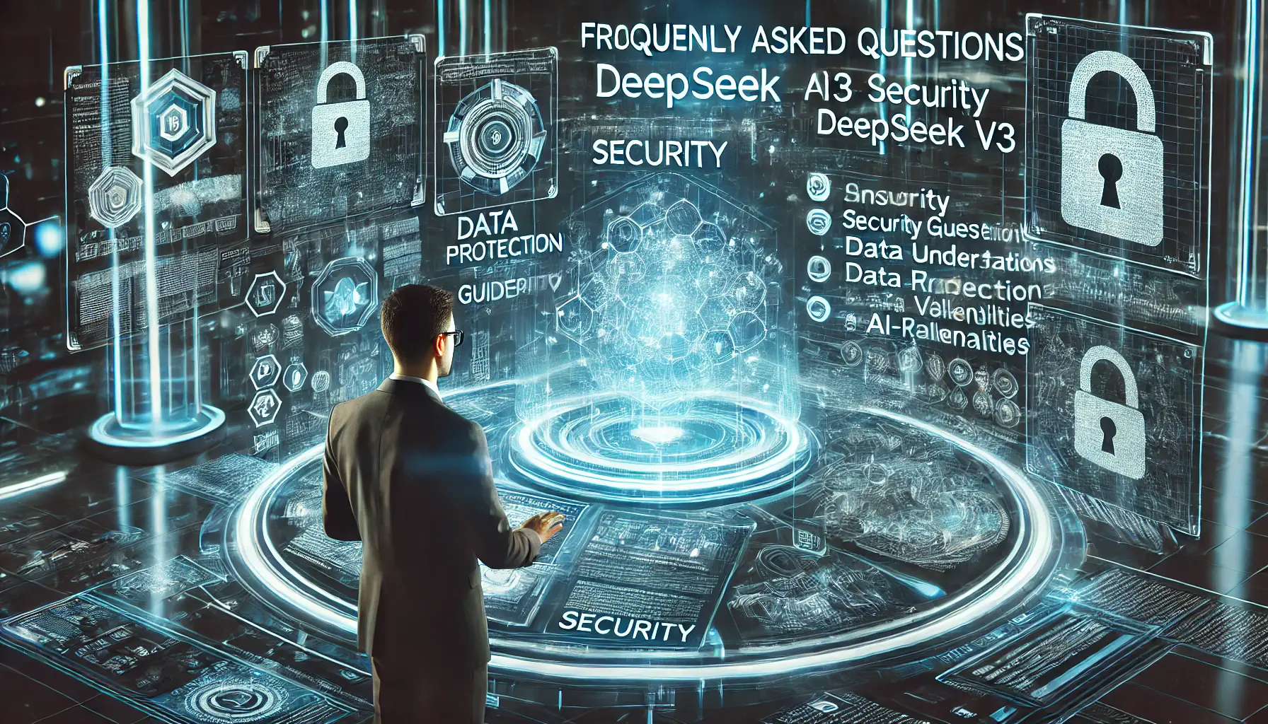 A professional in a high-tech control room interacting with a holographic interface displaying security-related questions and data protection guidelines.