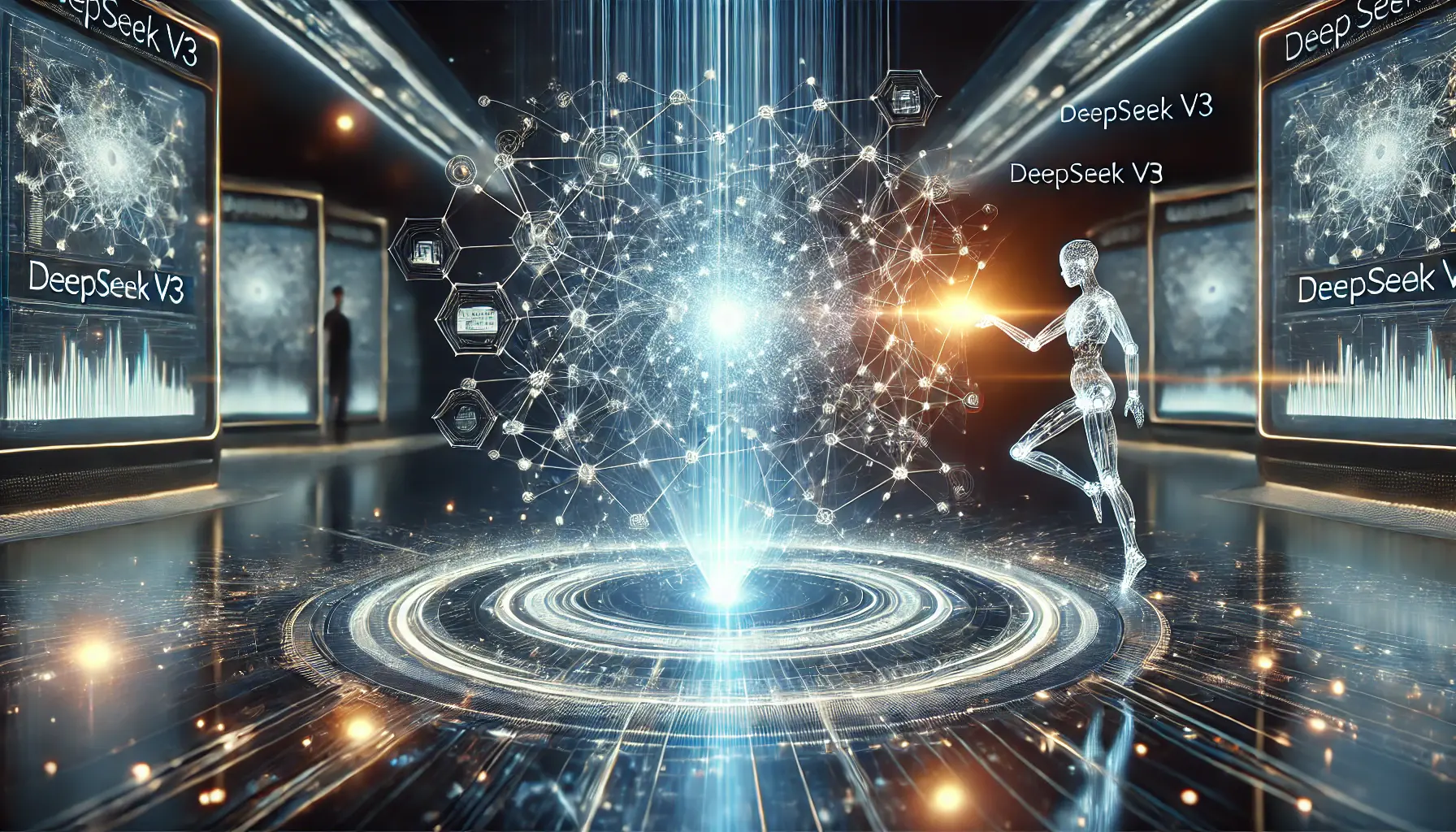 A futuristic scene illustrating the transformation of AI and user experience through DeepSeek v3, with a dynamic neural network and sleek interface.