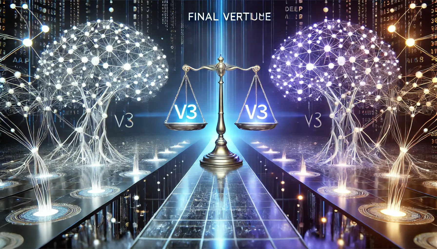 A futuristic digital environment illustrating the final verdict comparison between DeepSeek v3 and its competitors, with two distinct neural networks connected by a balanced pathway.