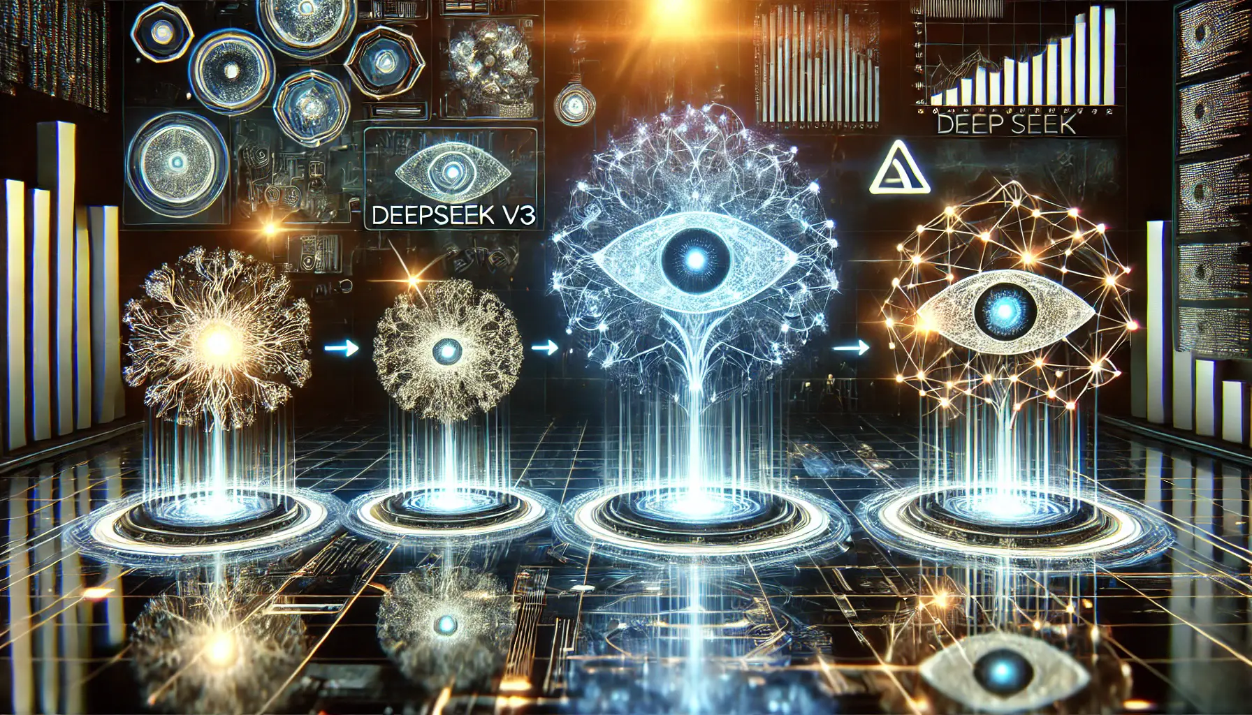 A futuristic comparison of DeepSeek v3 with previous AI models, showcasing advancements in neural network architecture and technology.