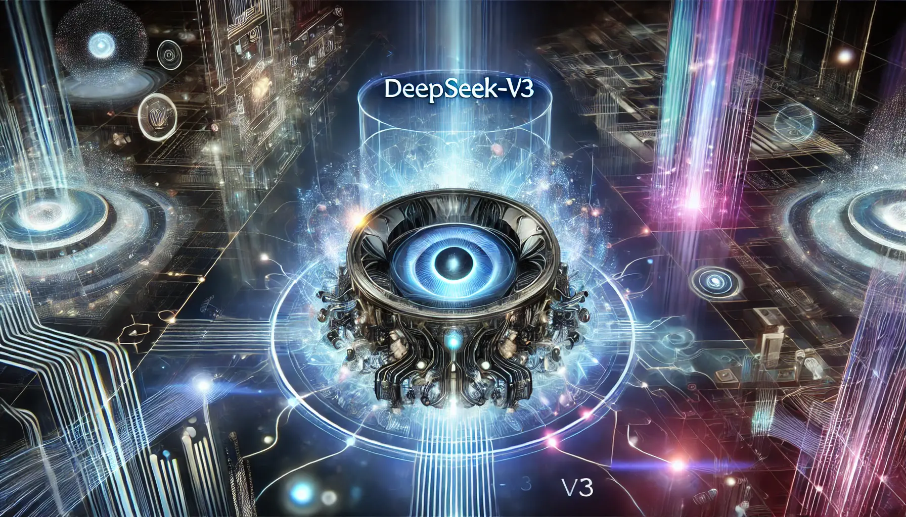 A futuristic representation of DeepSeek-V3 featuring a glowing AI core surrounded by digital pathways and data flows.