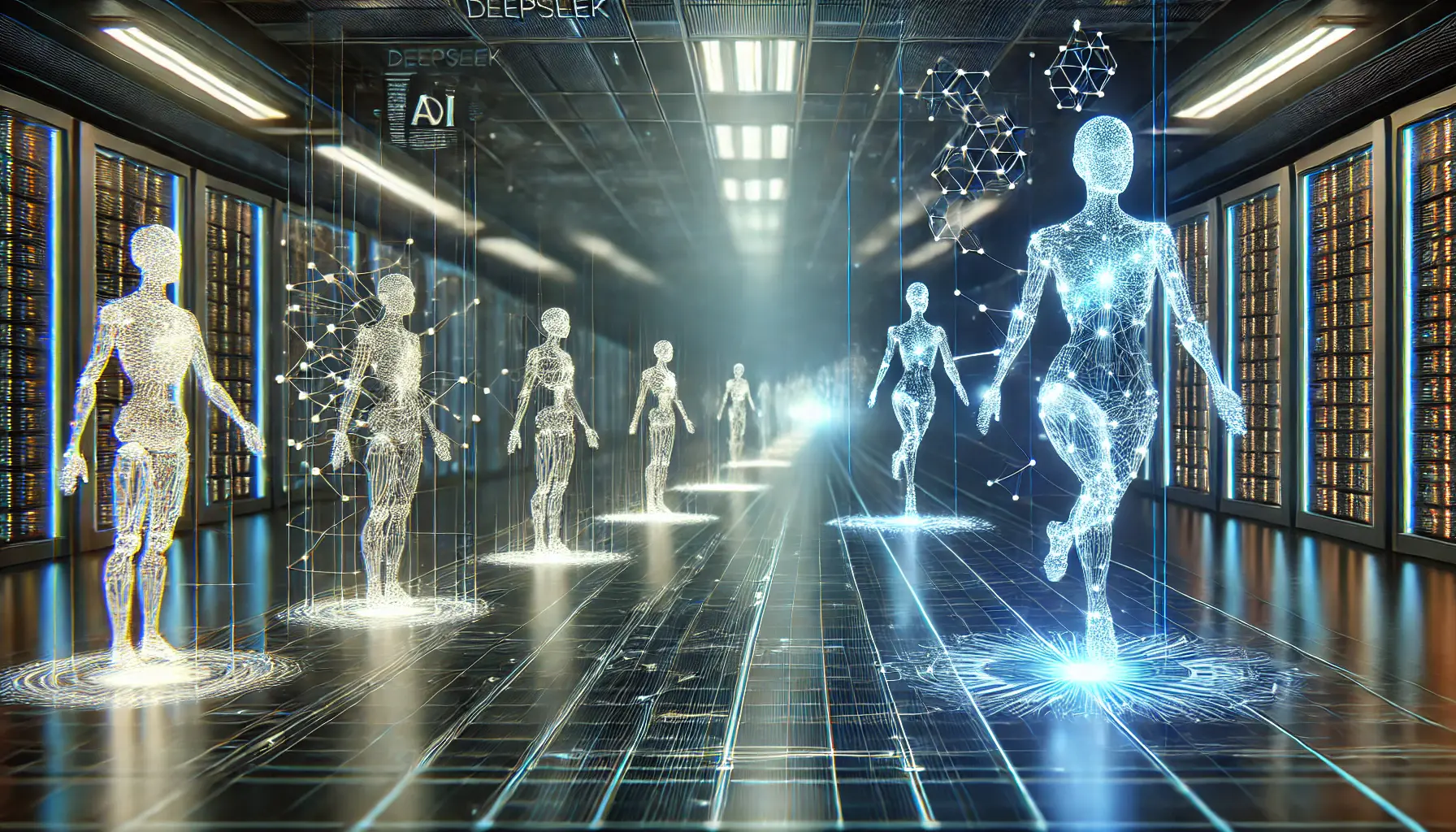 A futuristic representation of AI evolution, showing an advanced neural network progressing through different stages in a high-tech data center with holographic displays.