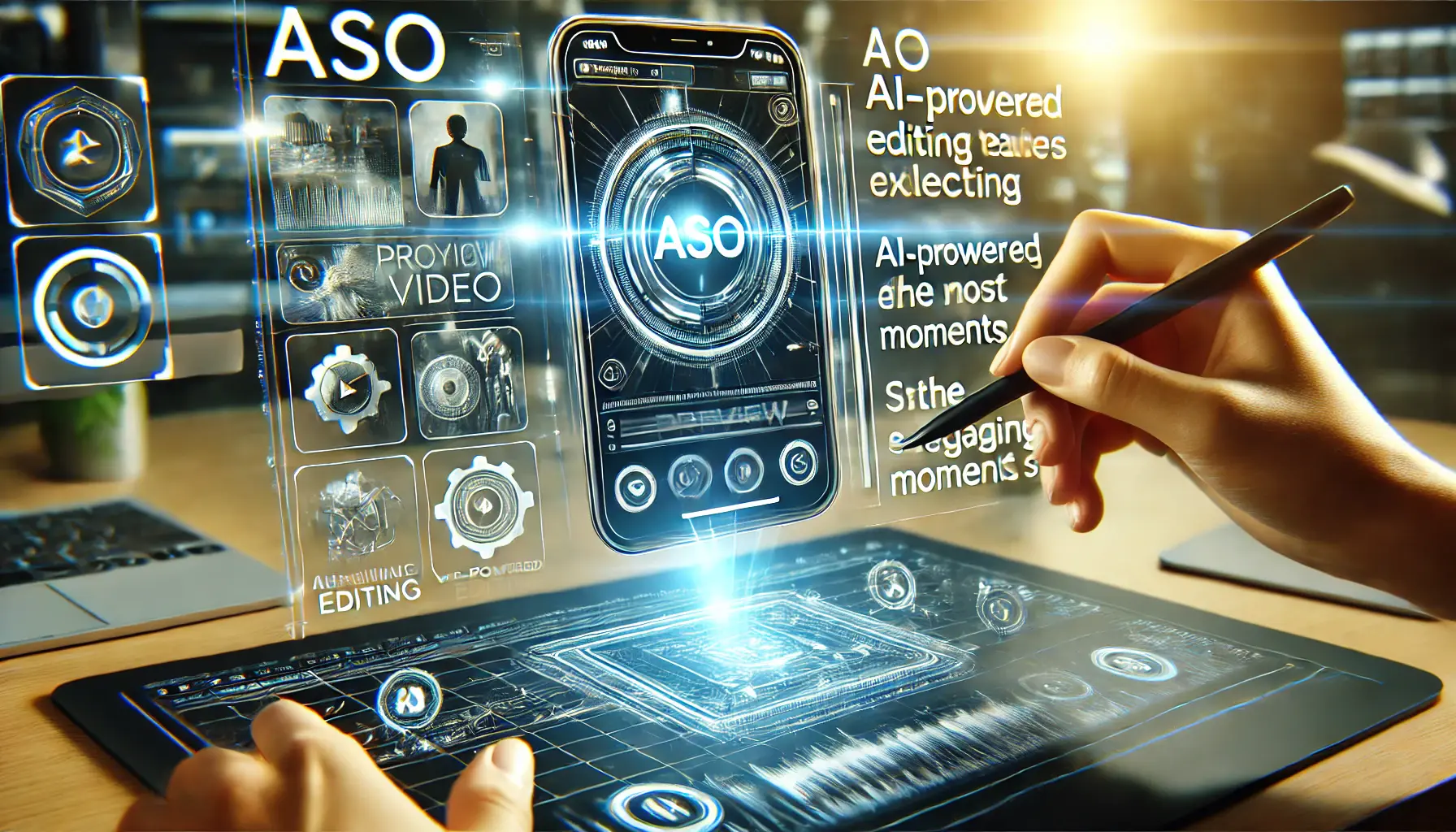 A futuristic digital interface showing an ASO preview video being created with AI-powered tools.