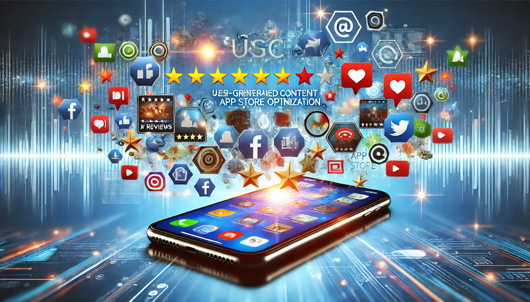 A modern digital representation of user-generated content (UGC) featuring a smartphone surrounded by floating app reviews, star ratings, video uploads, and social media interactions, illustrating the concept of UGC in app store optimization (ASO).