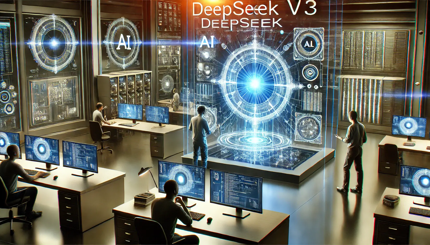 A futuristic AI deployment workspace with professionals configuring DeepSeek v3 using holographic system dashboards and real-time monitoring interfaces.