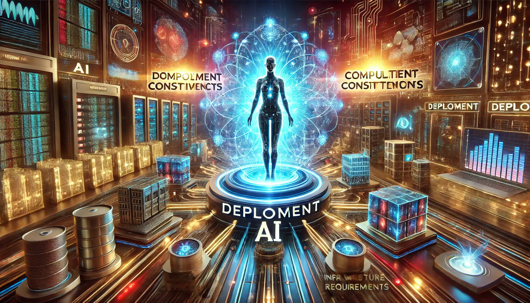 A futuristic visualization of AI deployment constraints, featuring an AI unit surrounded by barriers like computational devices, infrastructure requirements, and data pathways.