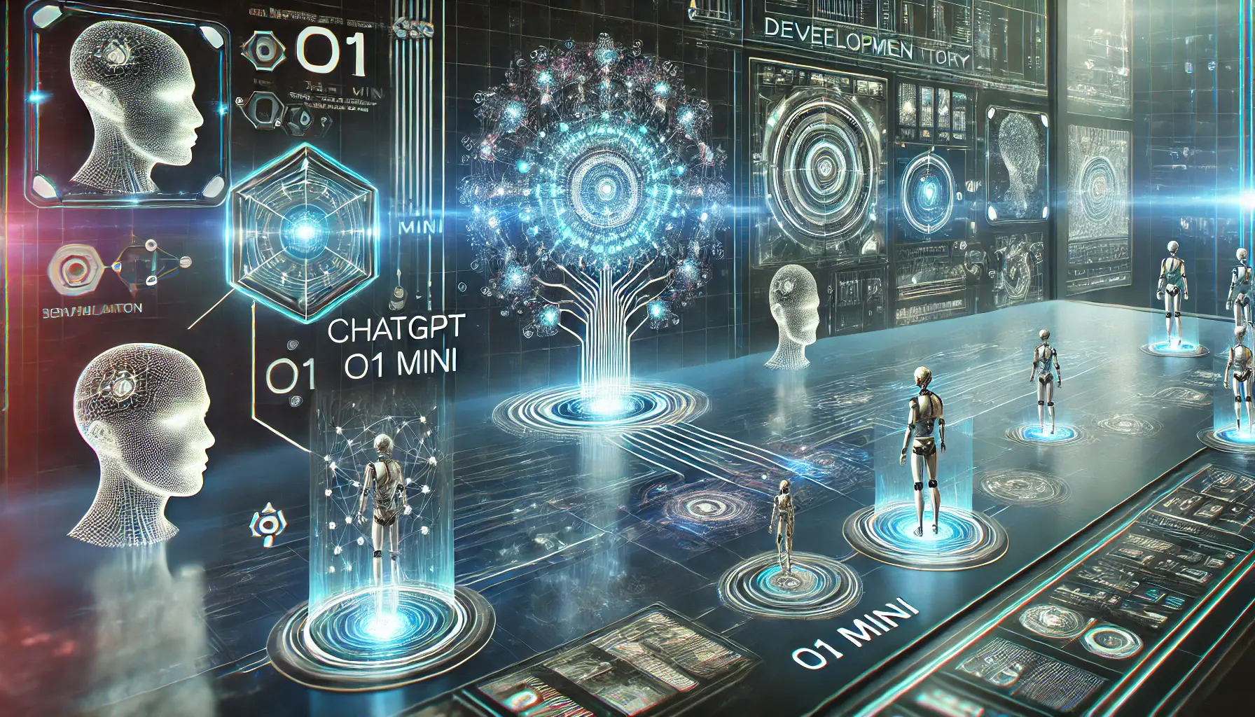 A futuristic timeline visualization showcasing the development history of ChatGPT o1 Mini with interconnected nodes and holographic AI milestones.