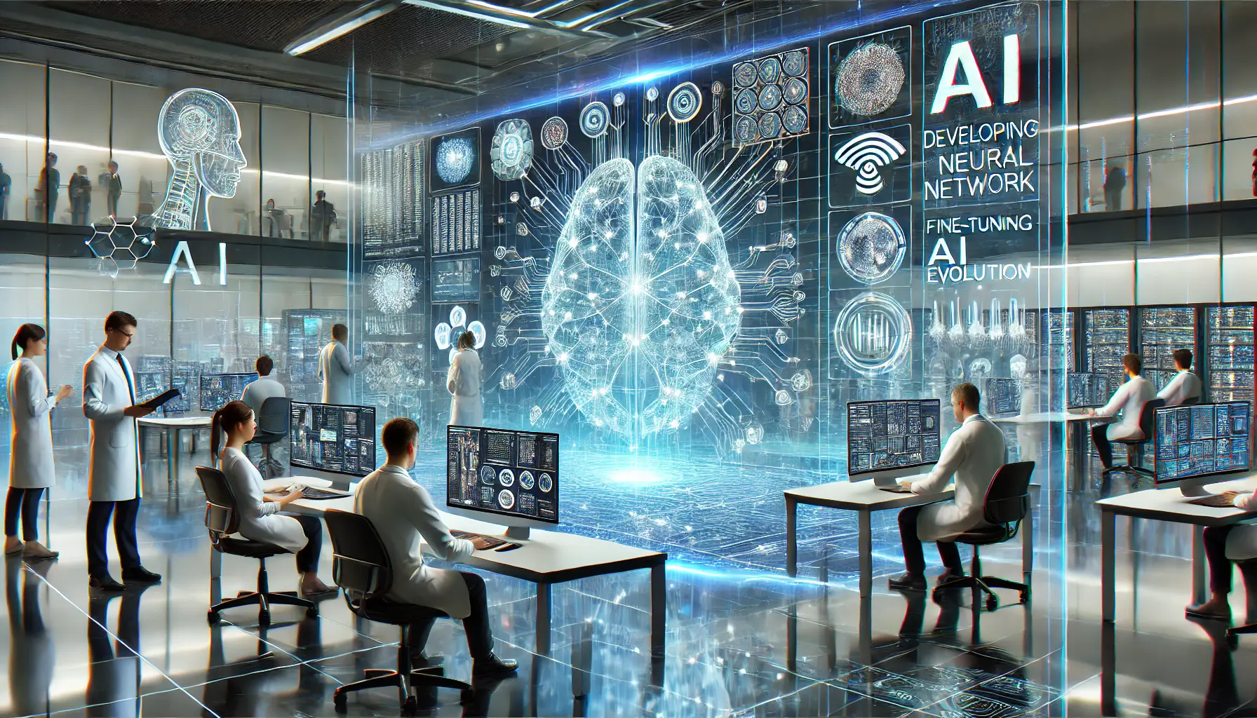 A futuristic AI research lab with scientists and engineers developing an advanced neural network.