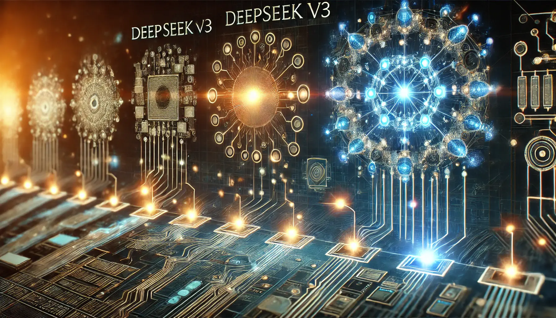 A futuristic visualization of AI development showing the progression of DeepSeek v3 through different technological stages, with a digital timeline and interconnected circuits.