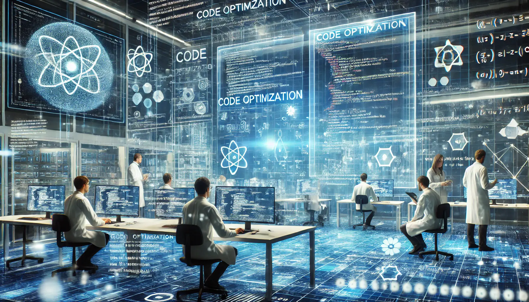 A high-tech software development lab with holographic displays showing code optimization, mathematical equations, and scientific data visualizations.