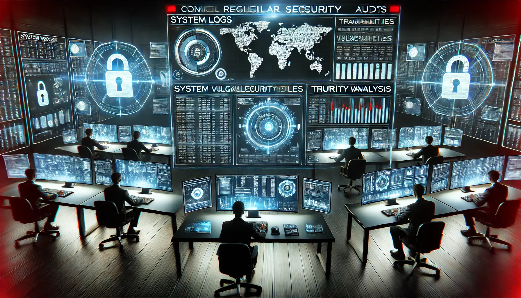 A digital security monitoring center showing the process of conducting regular security audits with system logs and threat analysis displayed on computer screens.