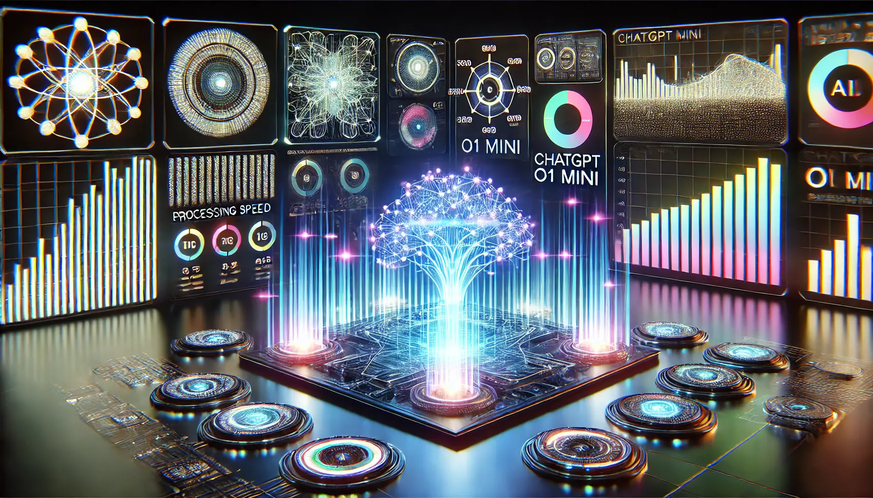 A digital visualization showcasing benchmarking against different AI models, with performance metrics displayed.