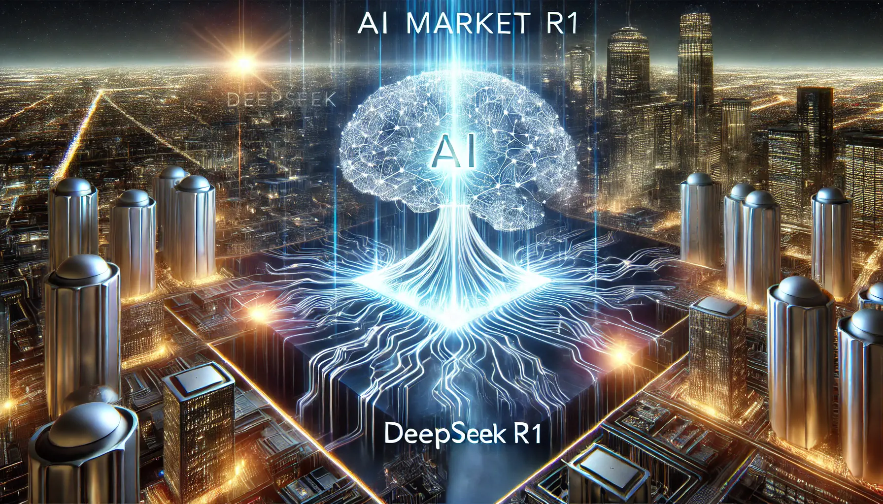 A high-tech AI market disruption scene with evolving neural networks breaking through market barriers and reshaping the AI landscape.