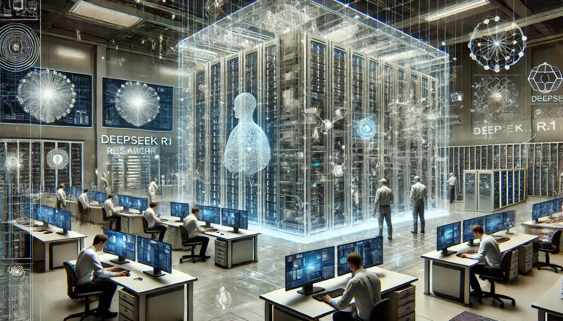 An advanced AI research facility where engineers and data scientists work on DeepSeek R1, surrounded by massive server racks, holographic neural network visualizations, and AI architecture diagrams.