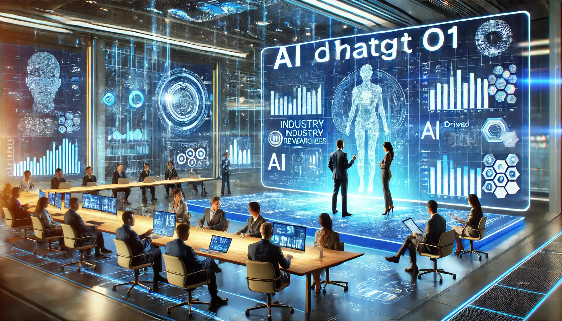 A futuristic business conference with industry leaders and AI researchers discussing the impact of ChatGPT o1, featuring holographic charts and AI advancements.