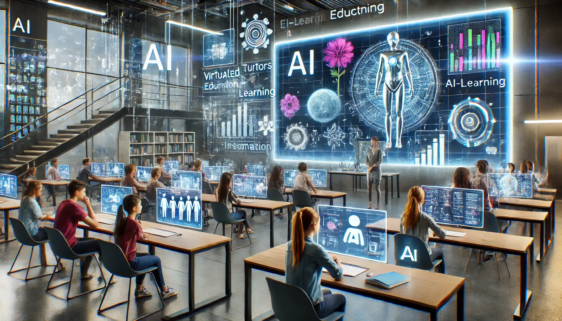 A futuristic classroom with students interacting with AI-driven digital learning tools on holographic screens. Virtual tutors and personalized learning materials enhance the educational experience.