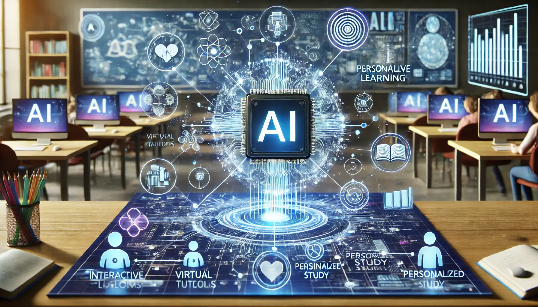 A futuristic visualization of AI in education, with personalized study materials and interactive virtual classrooms.