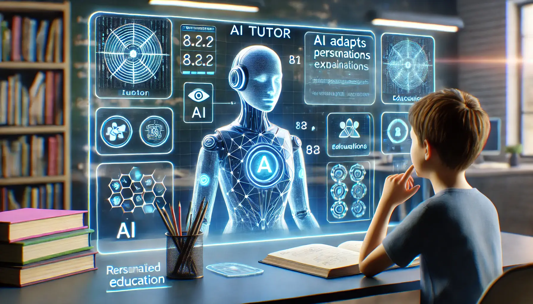 A futuristic AI tutoring system assisting students with personalized learning through digital interfaces and holographic screens.